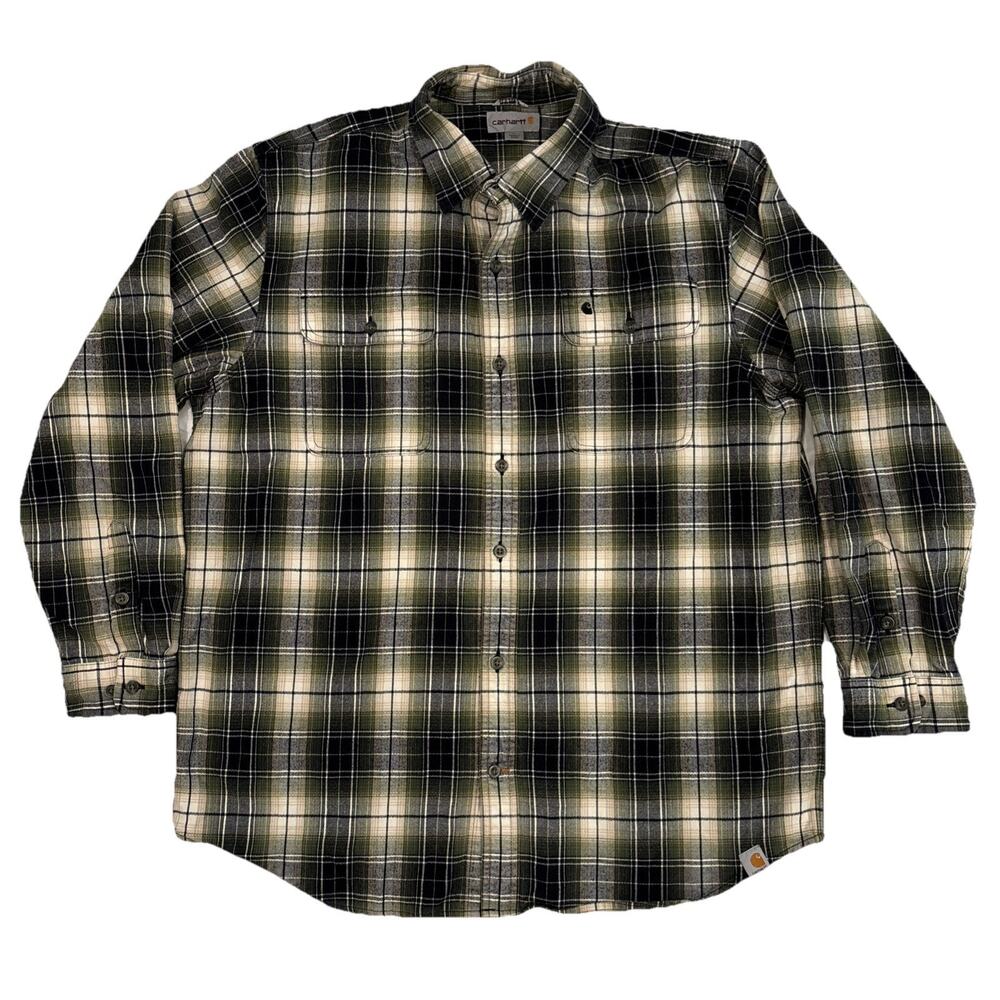 Carhartt Mens XL Plaid Heavy Green Flannel Button-Up Size Relaxed Fit RN 14806